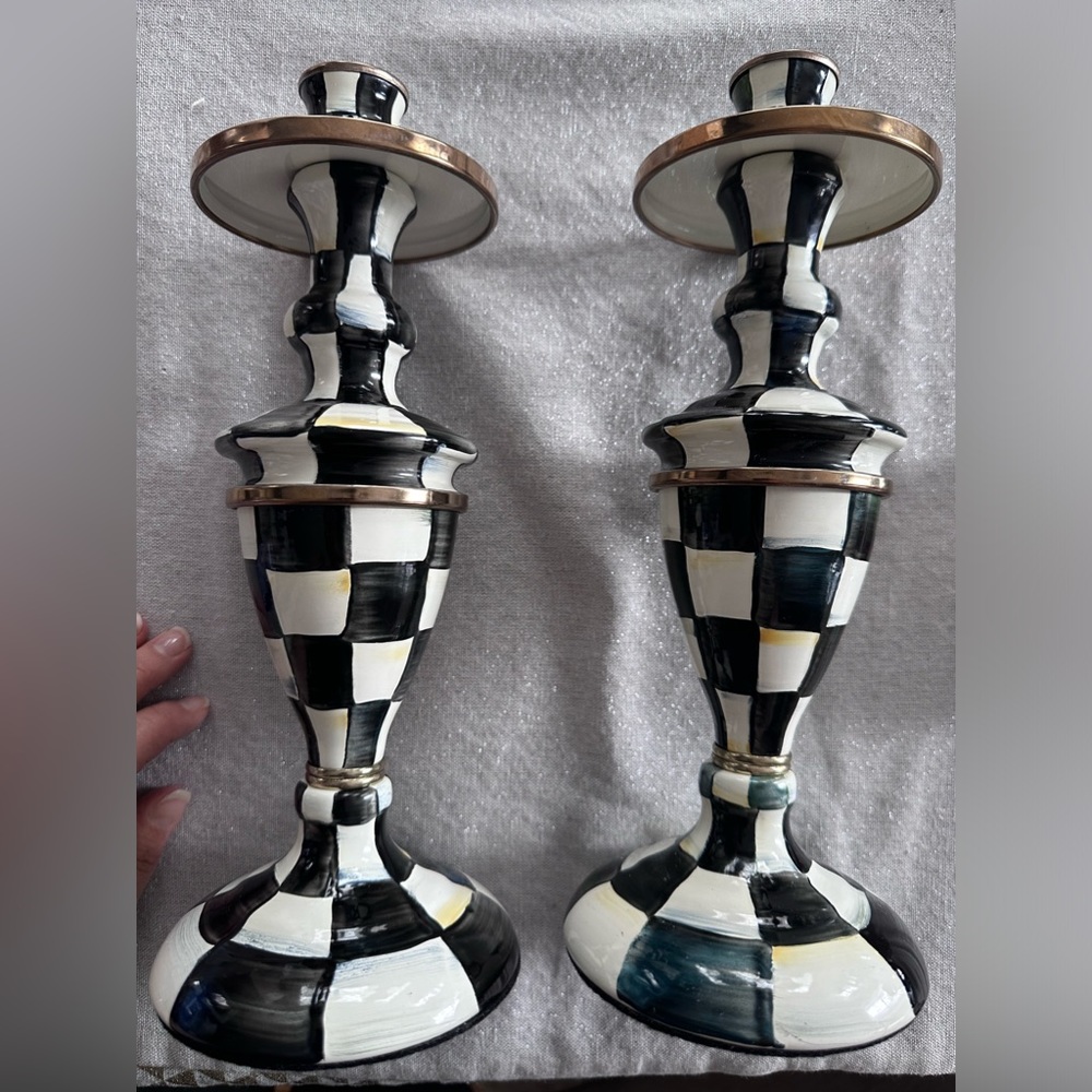 Two Mackenzie Childs, medium candlesticks.
